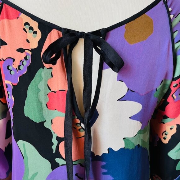 Tibi‎ Silk Bold Floral Mini Tunic Dress Smock Neck Tie Back Size 2 Purple Navy - Picture 5 of 8